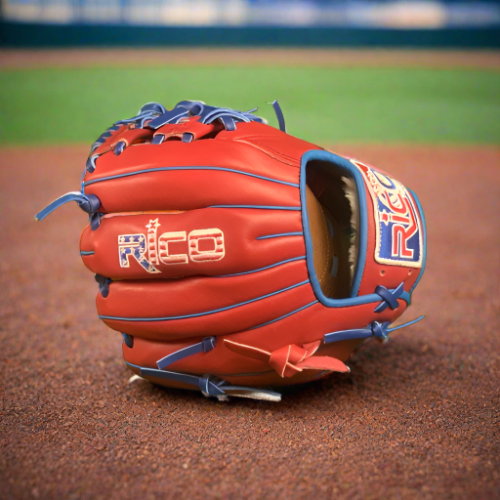9.5 inch Flash Infield Training Glove, adult/teen wrist opening, right hand thrower, red, with royal blue laces.