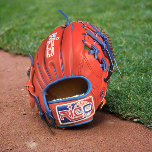 9.5 inch Flash Infield Training Glove, adult/teen wrist opening, right hand thrower, red, with royal blue laces.