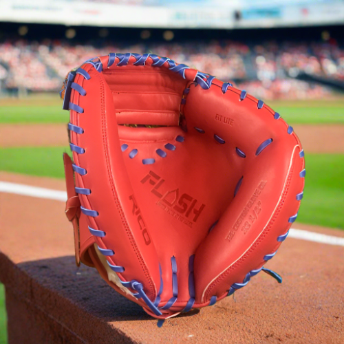 32.5 inch Flash glove catchers mitt, right hand thrower, red, with royal blue laces.