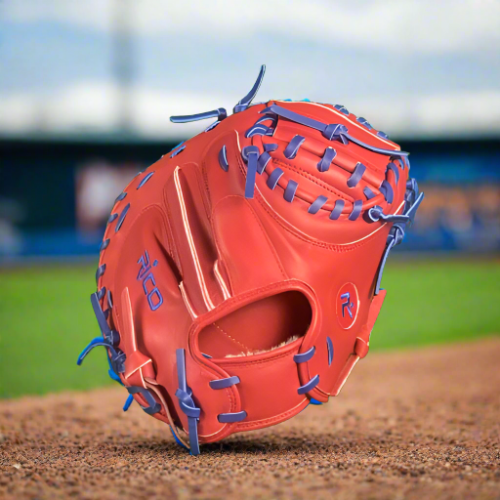 32.5 inch Flash glove catchers mitt, right hand thrower, red, with royal blue laces.