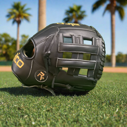 12 inch Flash glove, right hand thrower, black, gold Rico logos, black laces, with H web.