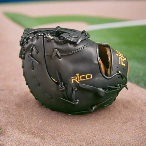 13 inch Flash 1st base mitt, right hand thrower, black, gold Rico embroidery, black laces with an H web.