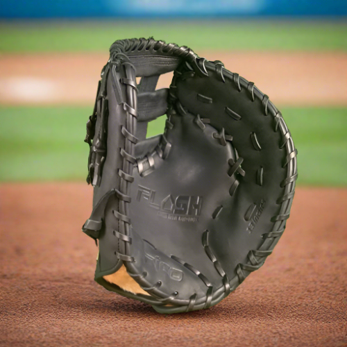 13 inch Flash 1st base mitt, right hand thrower, black, gold Rico embroidery, black laces with an H web.