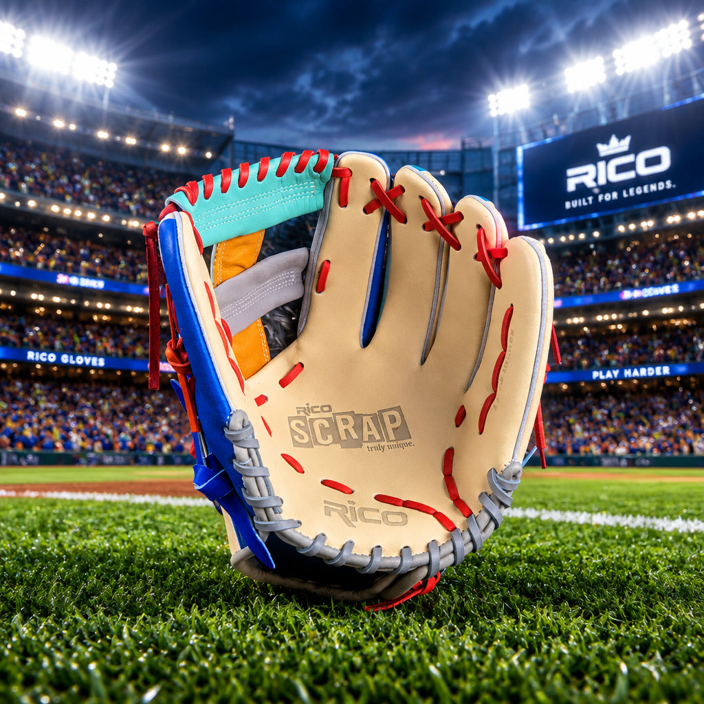 11.75 inch Scrap Glove, right hand thrower, X web, grey wrist, multi-color glove. black/gold Rico wrist logo.