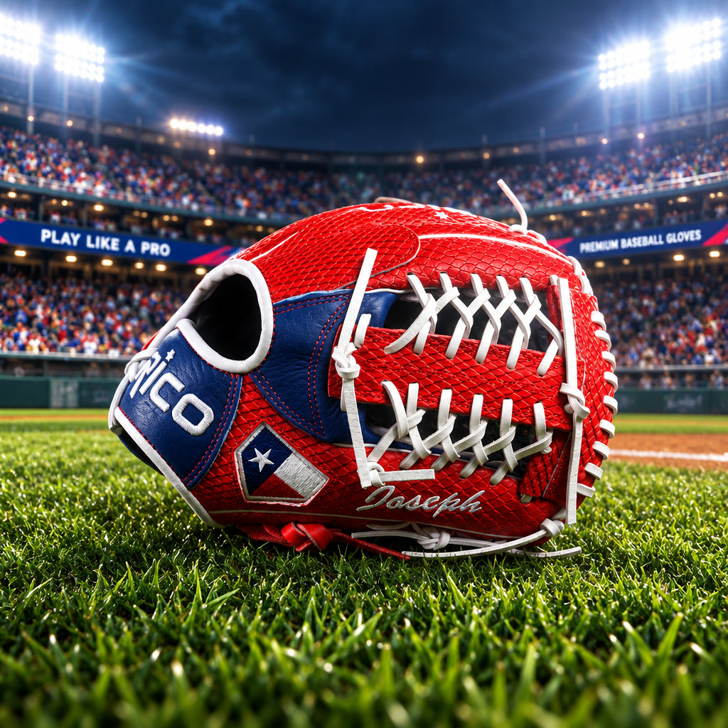 11.50 inch youth Prime Series (9-11 year old) with name on thumb, right hand thrower, red, white, blue with Texas flag on thumb.
