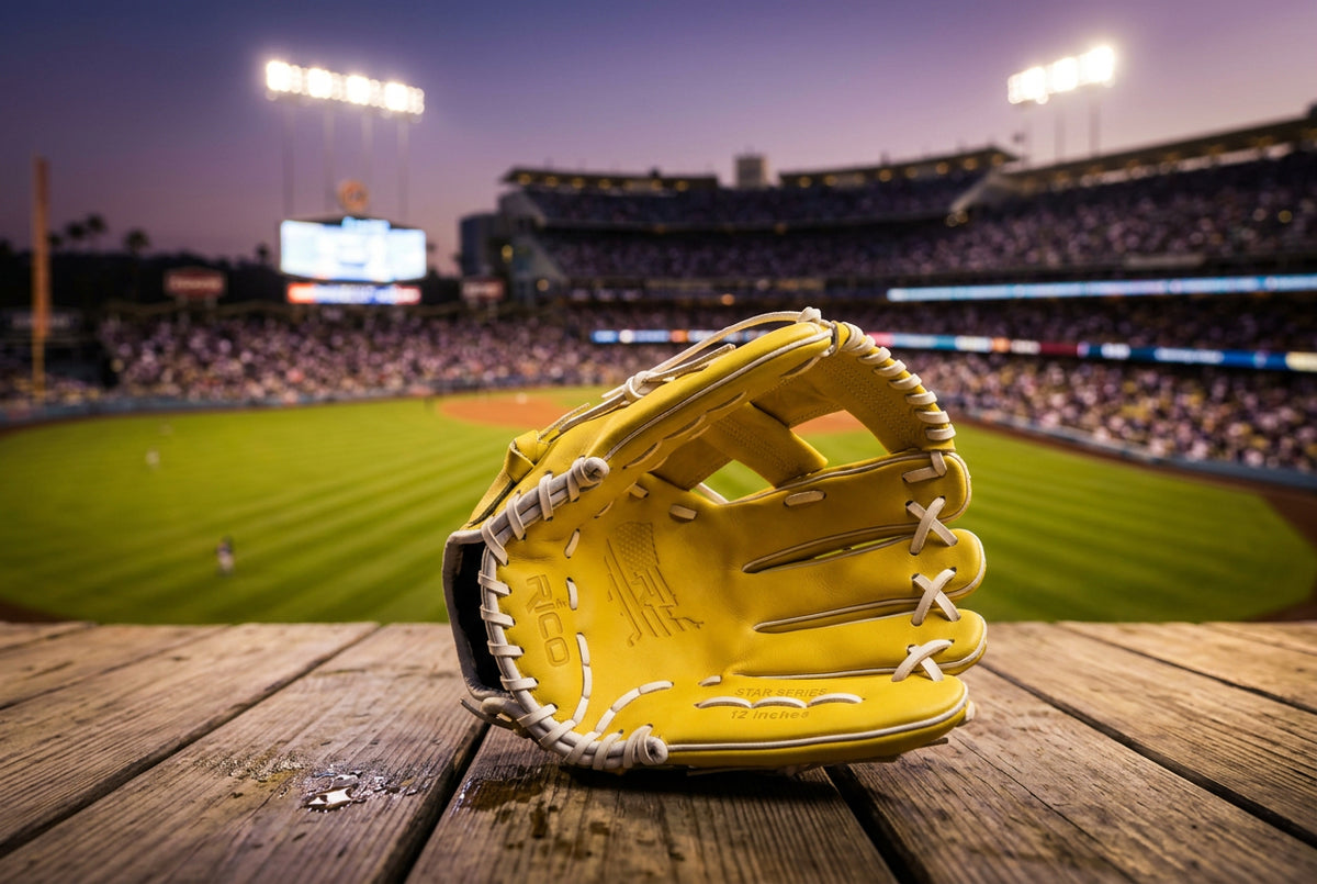 12 inch Star Series, right hand thrower, yellow palm and shell, white finger pad, yellow X web, white laces.