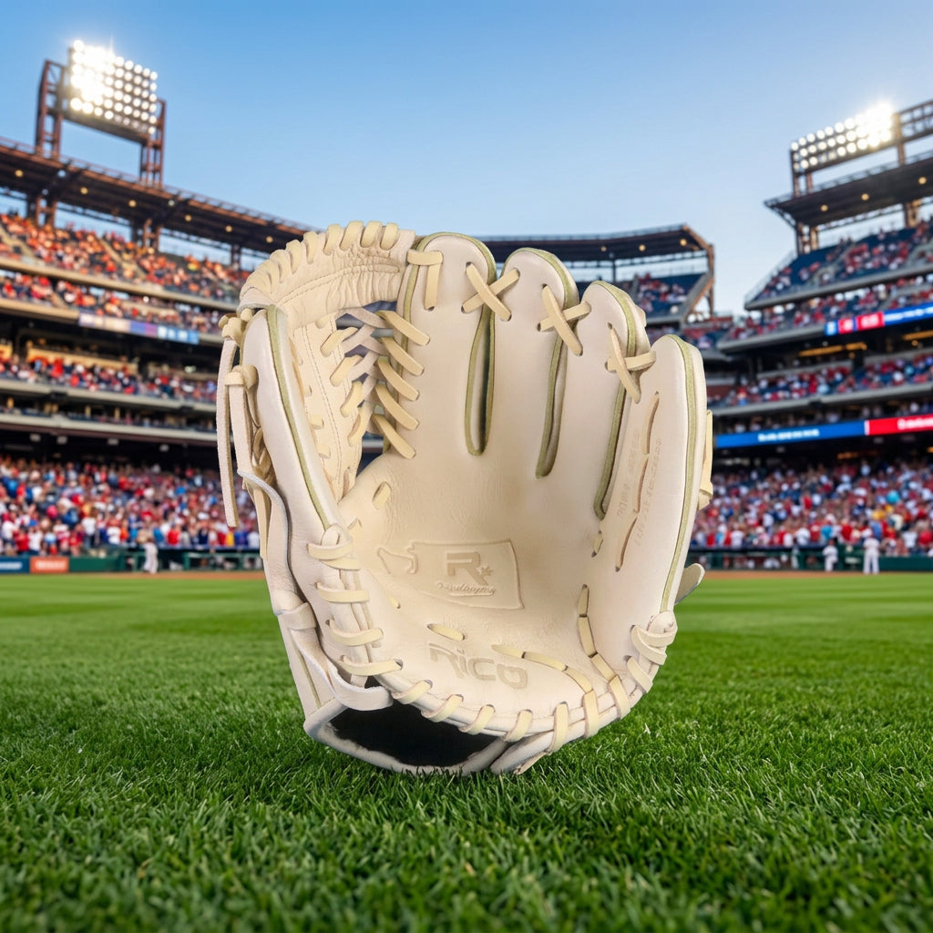 10.75 inch Prime Series, right hand thrower, adult hand opening, cream shell and laces, Texas thumb and pinky flag.
