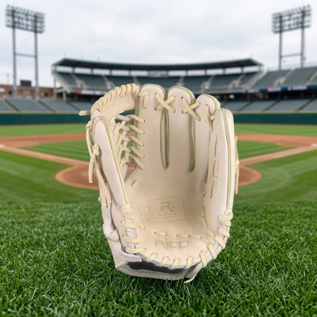 11.50 inch Prime Series, right hand thrower, mod trap web, cream shell and palm, cream laces, Texas flag on thumb and pinky.