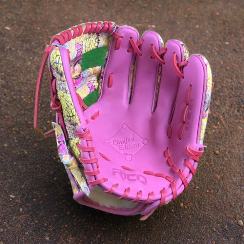 11.5 inch Limited Edition, panaderia glove with pink palm, right hand thrower, kip leather, and i web.