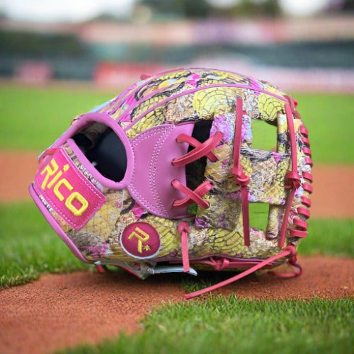 11.5 inch Limited Edition, panaderia glove with pink palm, right hand thrower, kip leather, and i web.