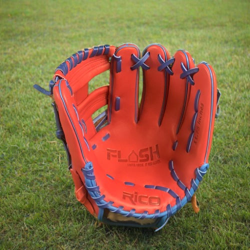 11.75 inch Flash Glove Series, red, royal laces, welting and binding with an X web.