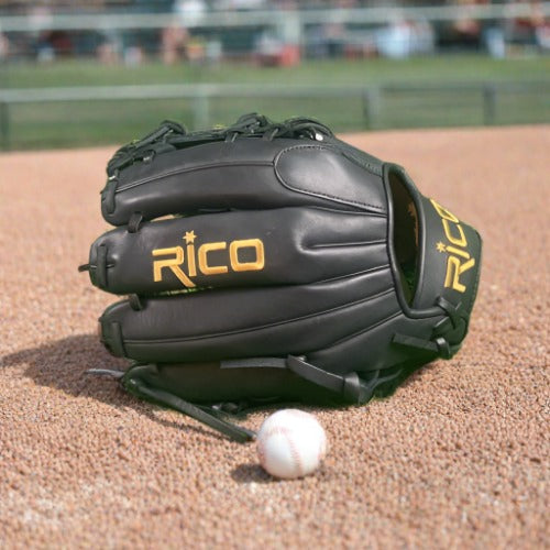 11.5 inch Flash glove, right hand thrower, black, black laces, i web with gold Rico embroidery