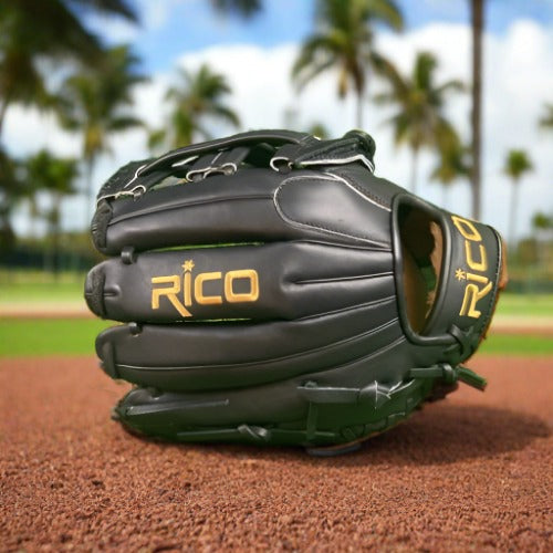 12 inch Flash glove, right hand thrower, black, gold Rico logos, black laces, with H web.