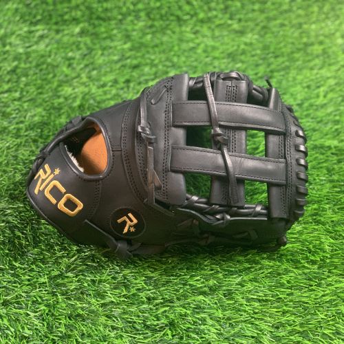 13 inch Flash 1st base mitt, right hand thrower, black, gold Rico embroidery, black laces with an H web.