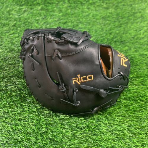 13 inch Flash 1st base mitt, right hand thrower, black, gold Rico embroidery, black laces with an H web.