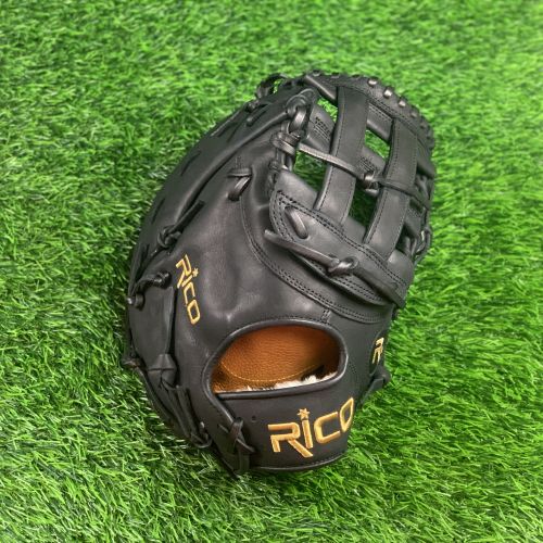 13 inch Flash 1st base mitt, right hand thrower, black, gold Rico embroidery, black laces with an H web.