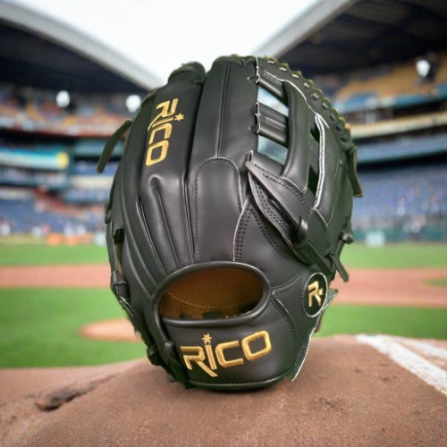12.5 inch Flash glove, right hand thrower, black, gold Rico logos, black laces, with H web.