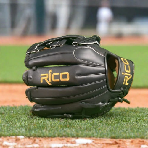 12.5 inch Flash glove, right hand thrower, black, gold Rico logos, black laces, with H web.