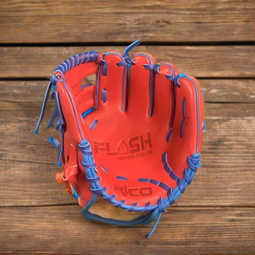 9.5 inch Flash Infield Training Glove, adult/teen wrist opening, right hand thrower, red, with royal blue laces.