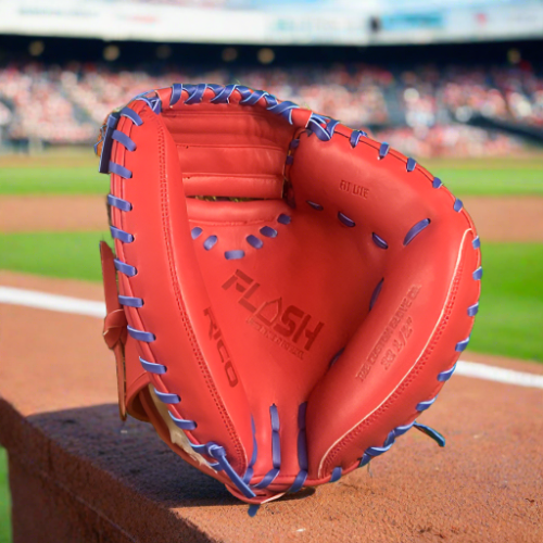 32.5 inch Flash glove catchers mitt, right hand thrower,  red, with royal blue laces.