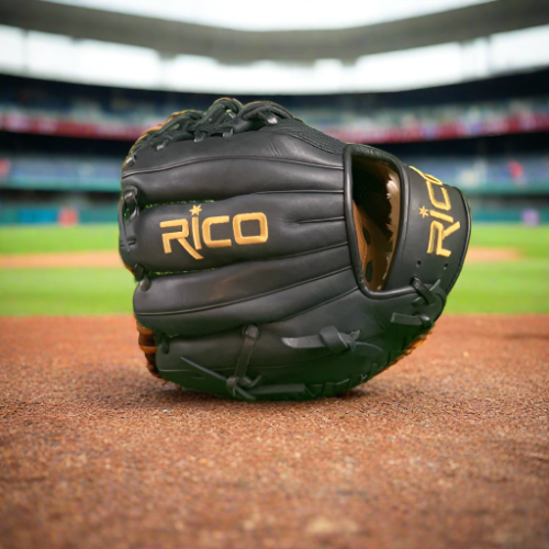 9.5 inch Flash Infield Training Glove, adult/teen wrist opening, right hand thrower, black color with gold embroidery.