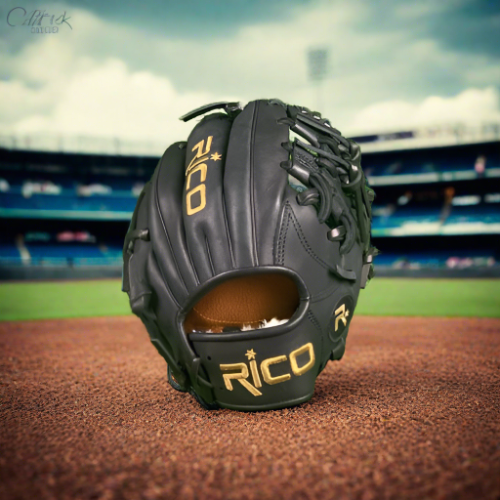 9.5 inch Flash Infield Training Glove, adult/teen wrist opening, right hand thrower, black color with gold embroidery.