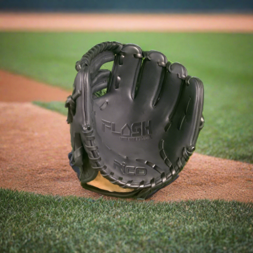 9.5 inch Flash Infield Training Glove, adult/teen wrist opening, right hand thrower, black color with gold embroidery.