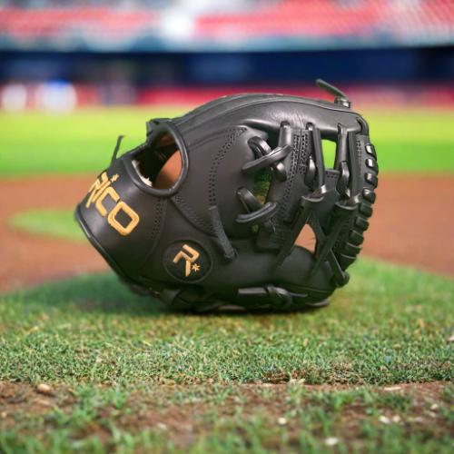 9.5 inch Flash Infield Training Glove, adult/teen wrist opening, right hand thrower, black color with gold embroidery.