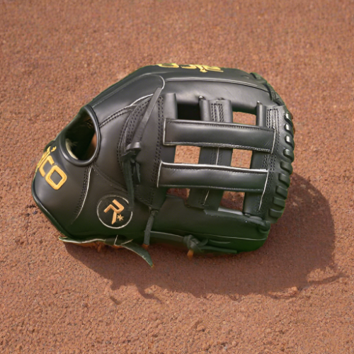 12 inch Flash glove, right hand thrower, black, gold Rico logos, black laces, with H web.