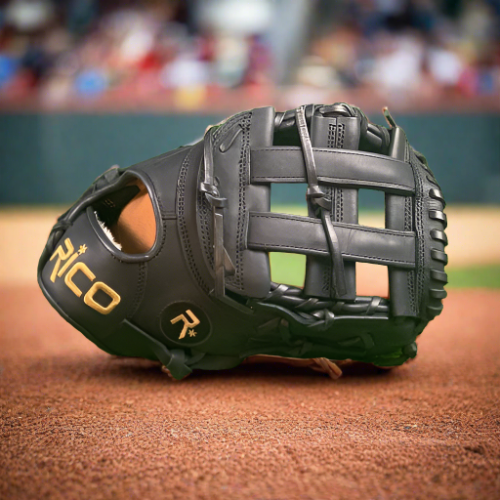 13 inch Flash 1st base mitt, right hand thrower, black, gold Rico embroidery, black laces with an H web.