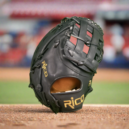 13 inch Flash 1st base mitt, right hand thrower, black, gold Rico embroidery, black laces with an H web.