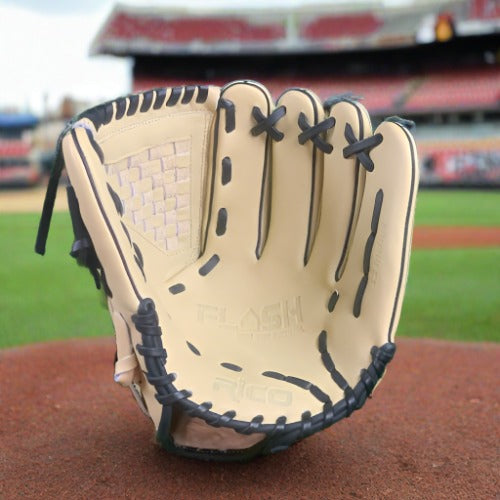 12 inch Flash Glove, right hand thrower, cream, black laces, with closed A web.