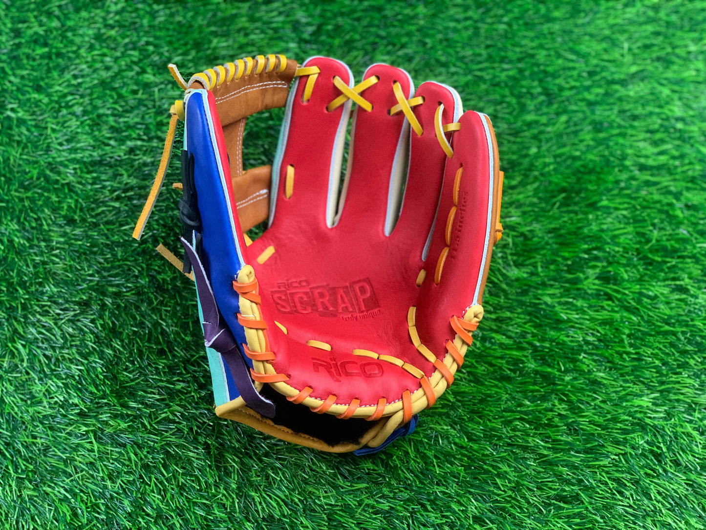 11.5 inch Scrap glove, right hand thrower, i web, multi-color.