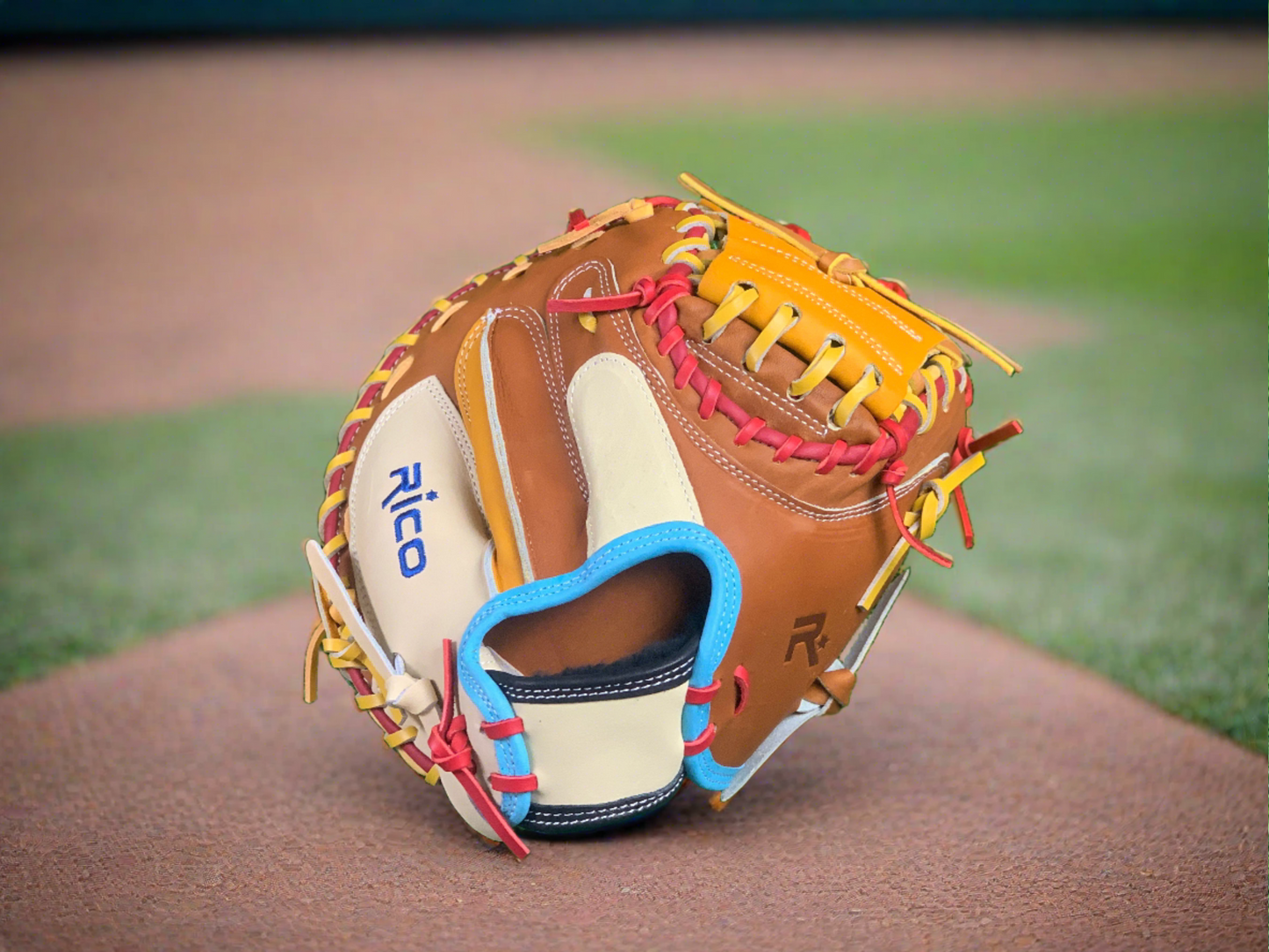 33 inch scrap catchers mitt, right hand thrower, multi-color, caramel palm color.