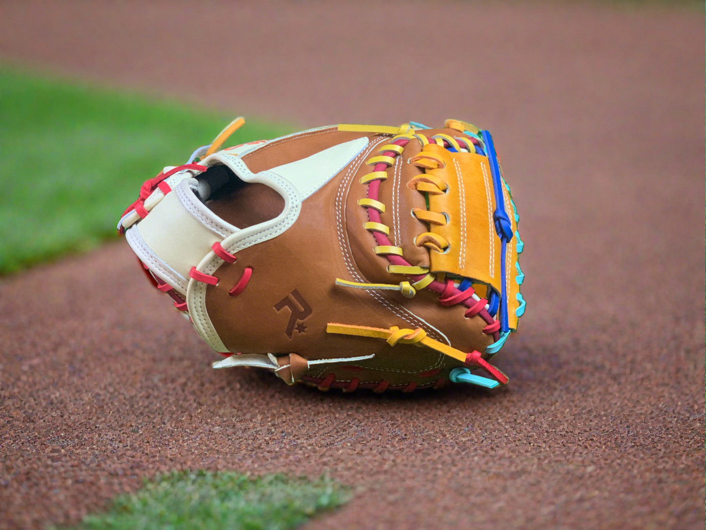 33 inch scrap catchers mitt, right hand thrower, caramel palm, cream wrist and finger pad. (multi-color mitt)