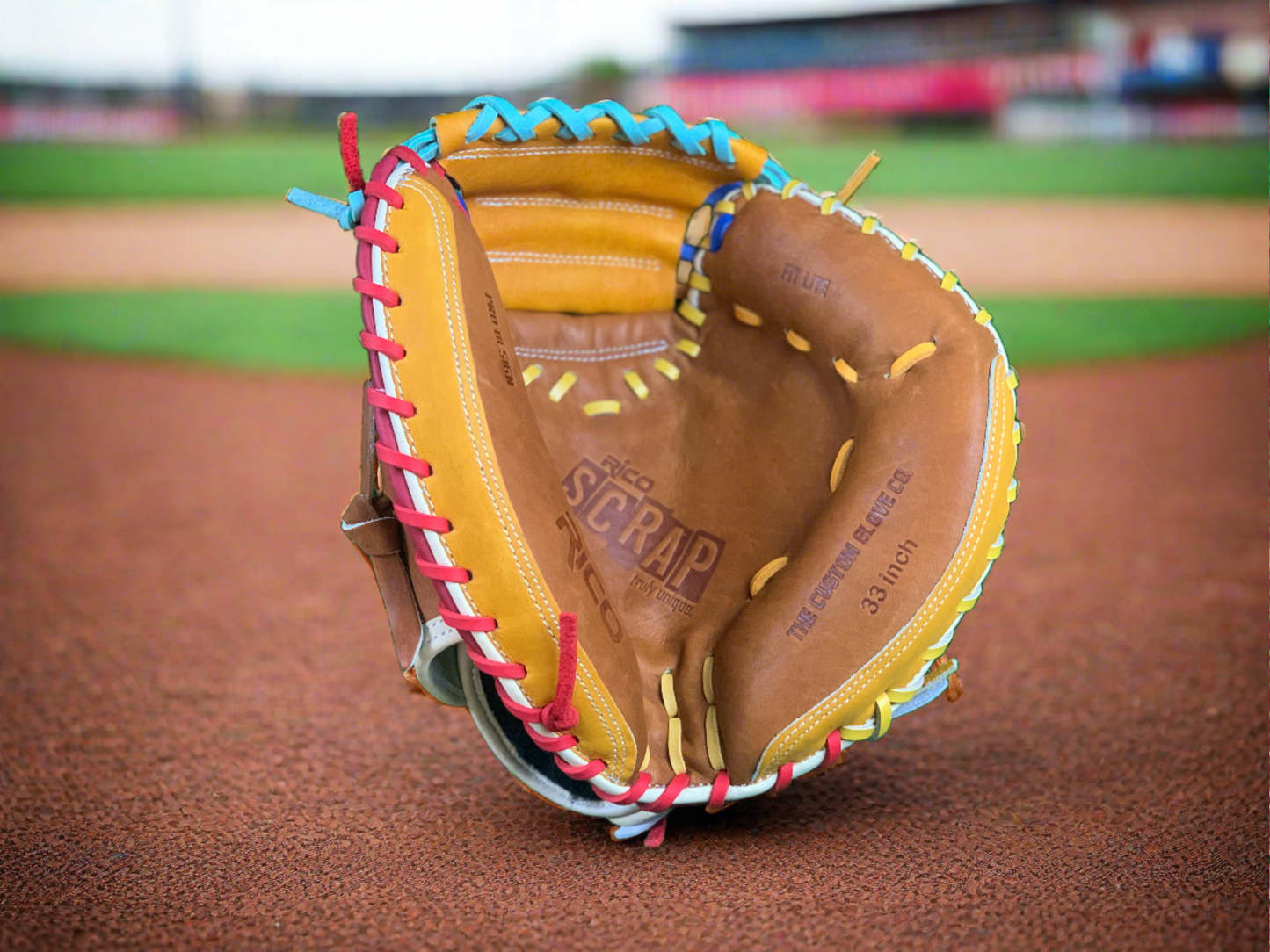 33 inch scrap catchers mitt, right hand thrower, caramel palm, cream wrist and finger pad. (multi-color mitt)