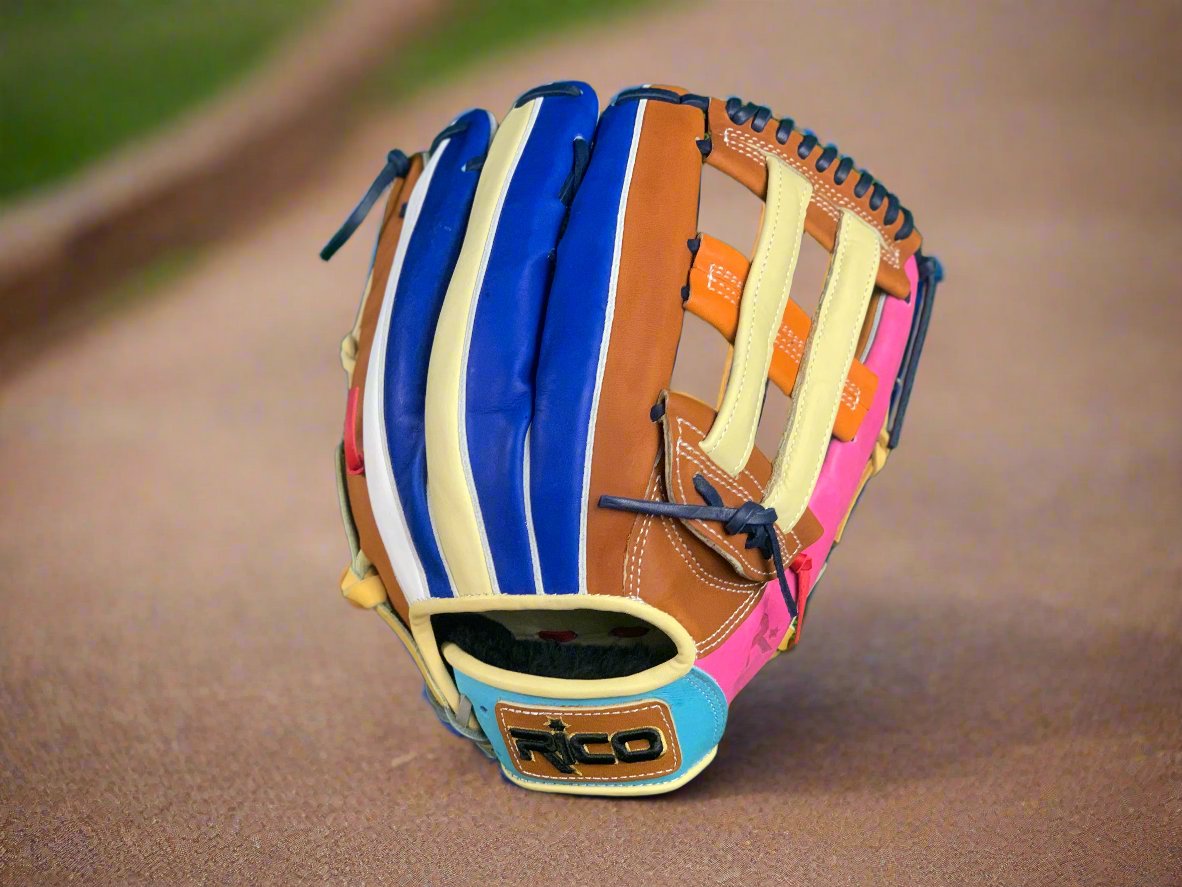 13 inch scrap glove, right hand thrower, H web, sky blue wrist, caramel palm, pink thumb. (multi-color glove)