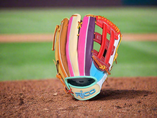 12.75 inch scrap glove, right hand thrower, sky blue palm, cream wrist, white thumb, Rico logo sky blue/gold. (multi-color glove)