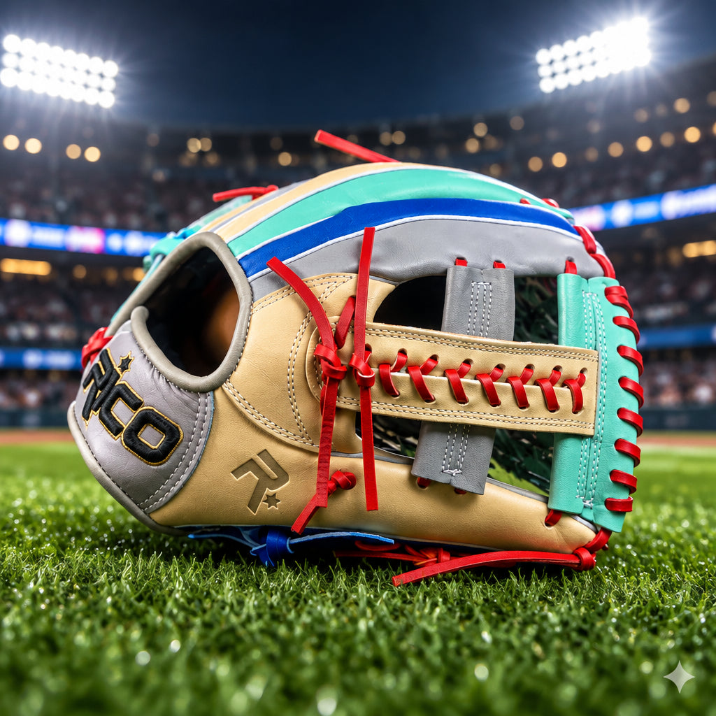 11.75 inch Scrap Glove, right hand thrower, X web, grey wrist, multi-color glove. black/gold Rico wrist logo.