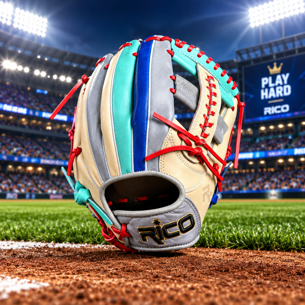 11.75 inch Scrap Glove, right hand thrower, X web, grey wrist, multi-color glove. black/gold Rico wrist logo.