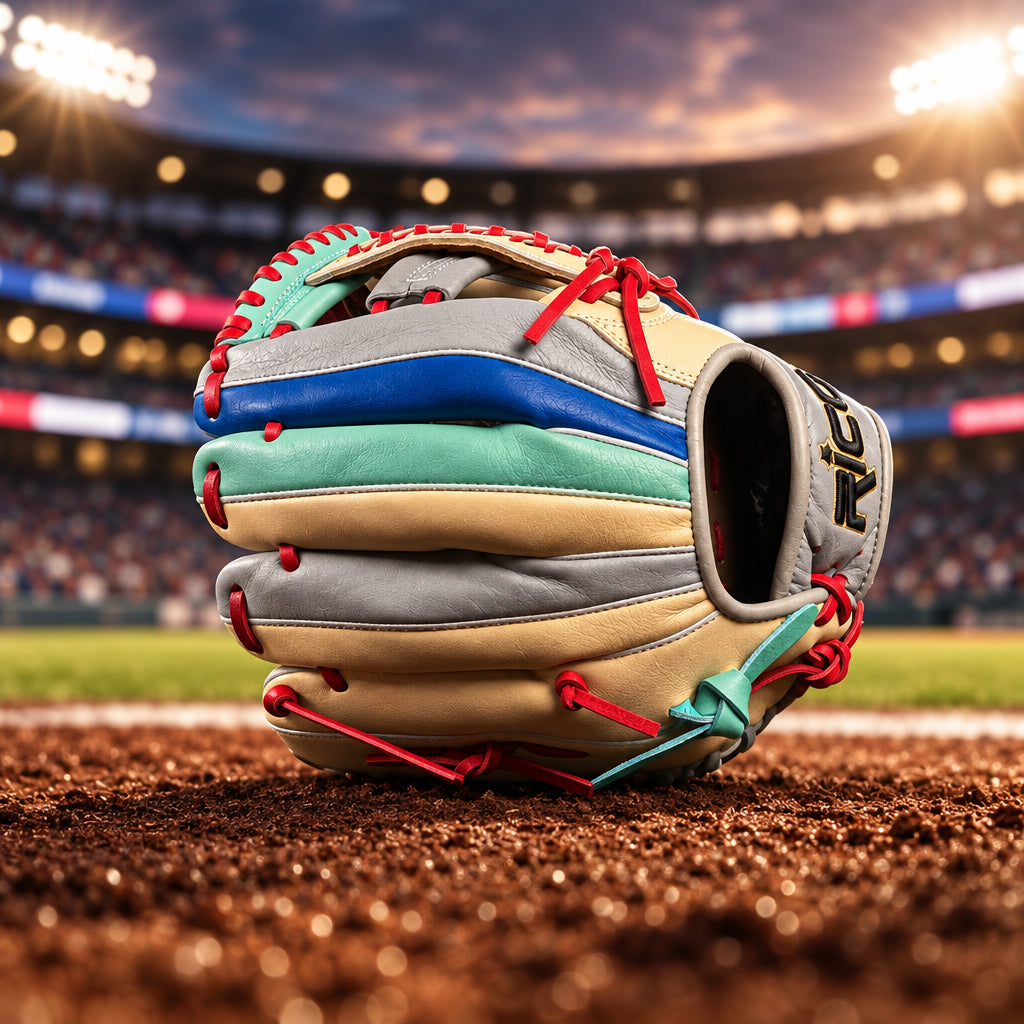 11.75 inch Scrap Glove, right hand thrower, X web, grey wrist, multi-color glove. black/gold Rico wrist logo.