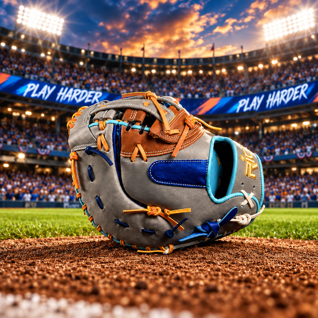 12.75 Rico Scrap glove first base mitt, right hand thrower, H web, royal palm and finger pad, sky blue welt.
