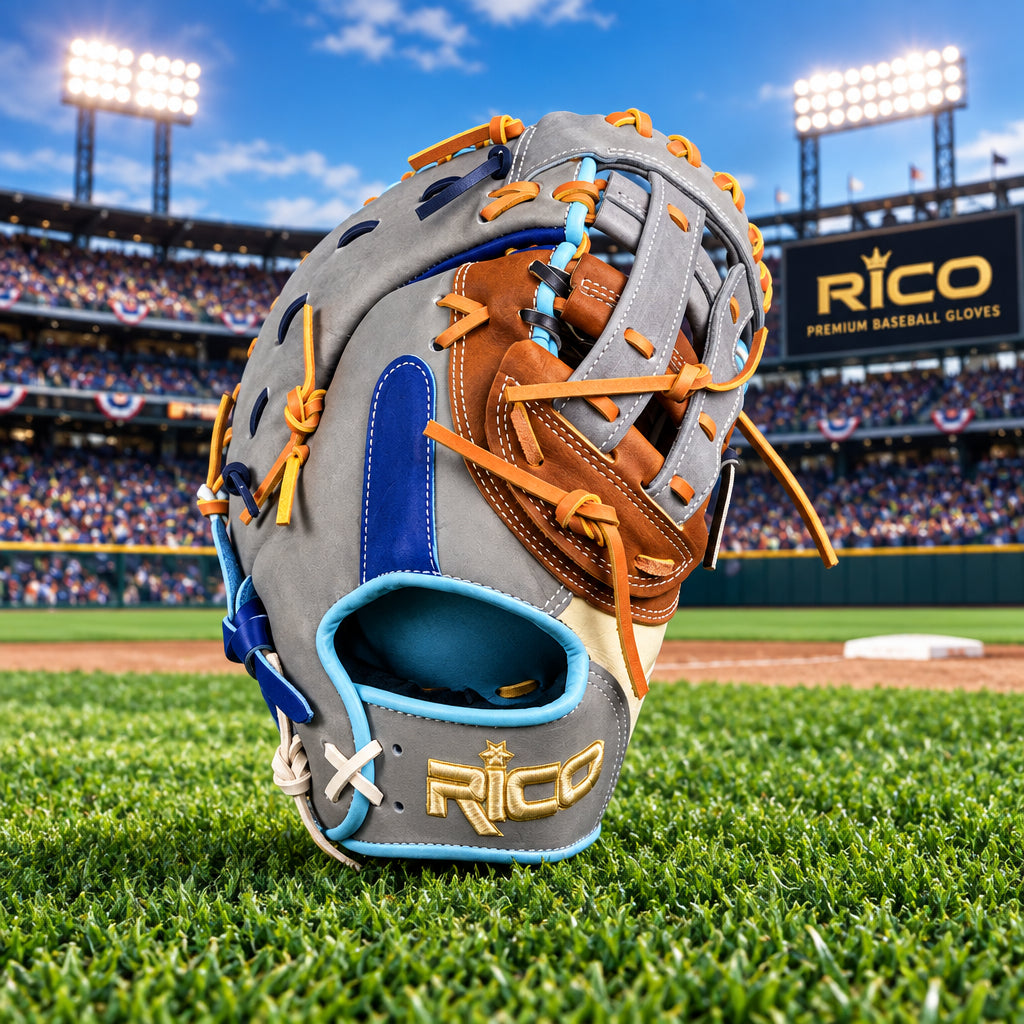 12.75 Rico Scrap glove first base mitt, right hand thrower, H web, royal palm and finger pad, sky blue welt.
