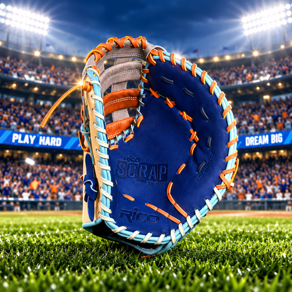 12.75 Rico Scrap glove first base mitt, right hand thrower, H web, royal palm and finger pad, sky blue welt.
