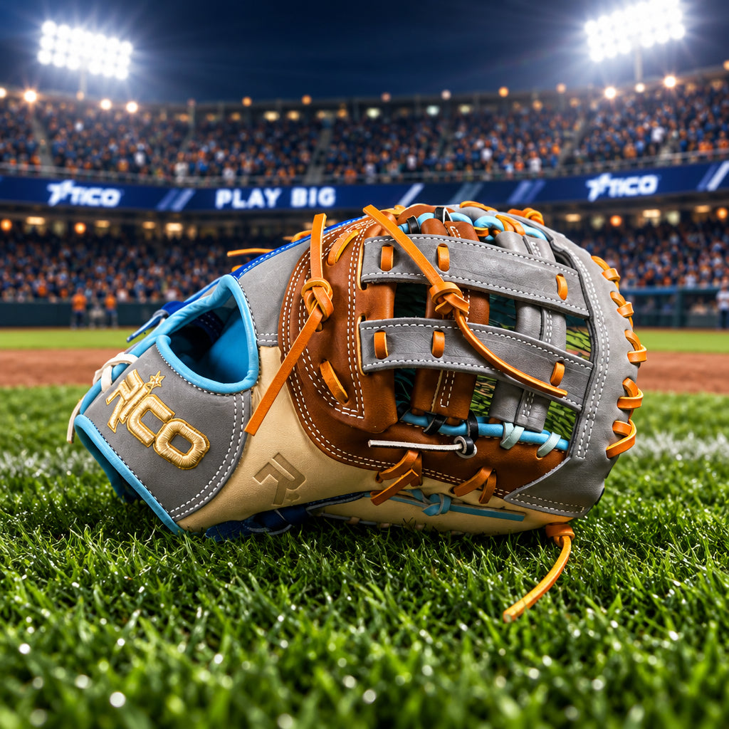 12.75 Rico Scrap glove first base mitt, right hand thrower, H web, royal palm and finger pad, sky blue welt.
