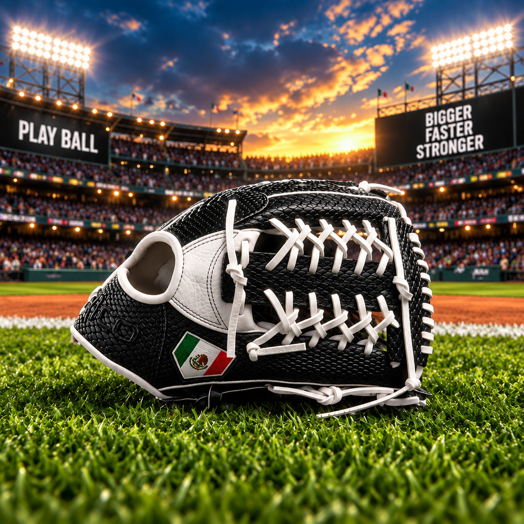 12.75 inch Prime Series with name embroidered, right hand thrower, Mexico flag on thumb, black python, white palm.