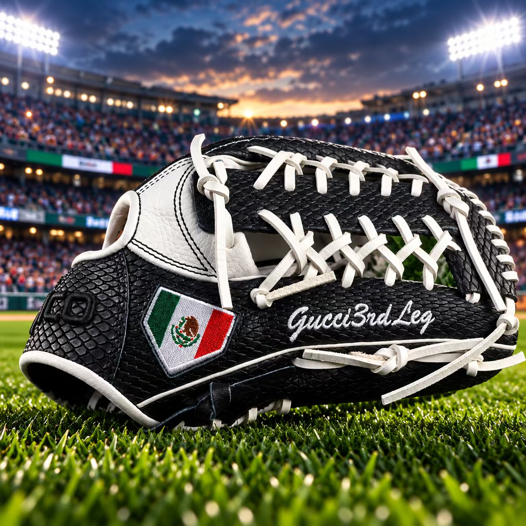 12.75 inch Prime Series with name embroidered, right hand thrower, Mexico flag on thumb, black python, white palm.