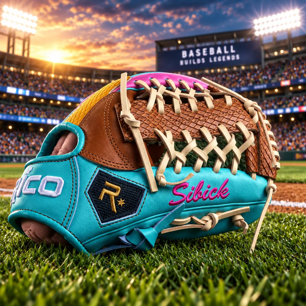 12 inch Ultra Series with name, right hand thrower, K mod trap web, mint thumb and wrist, pink backside, python web.