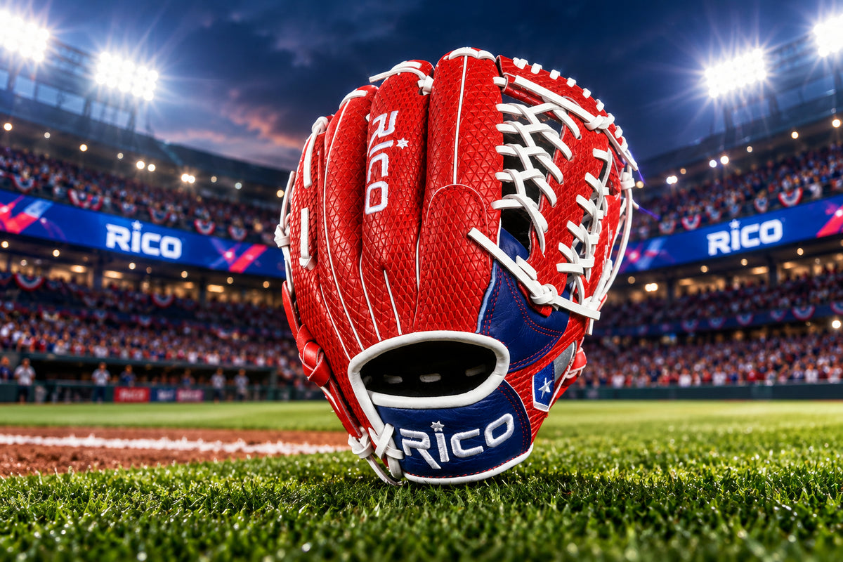11.50 inch youth Prime Series (9-11 year old) with name on thumb, right hand thrower, red, white, blue with Texas flag on thumb.