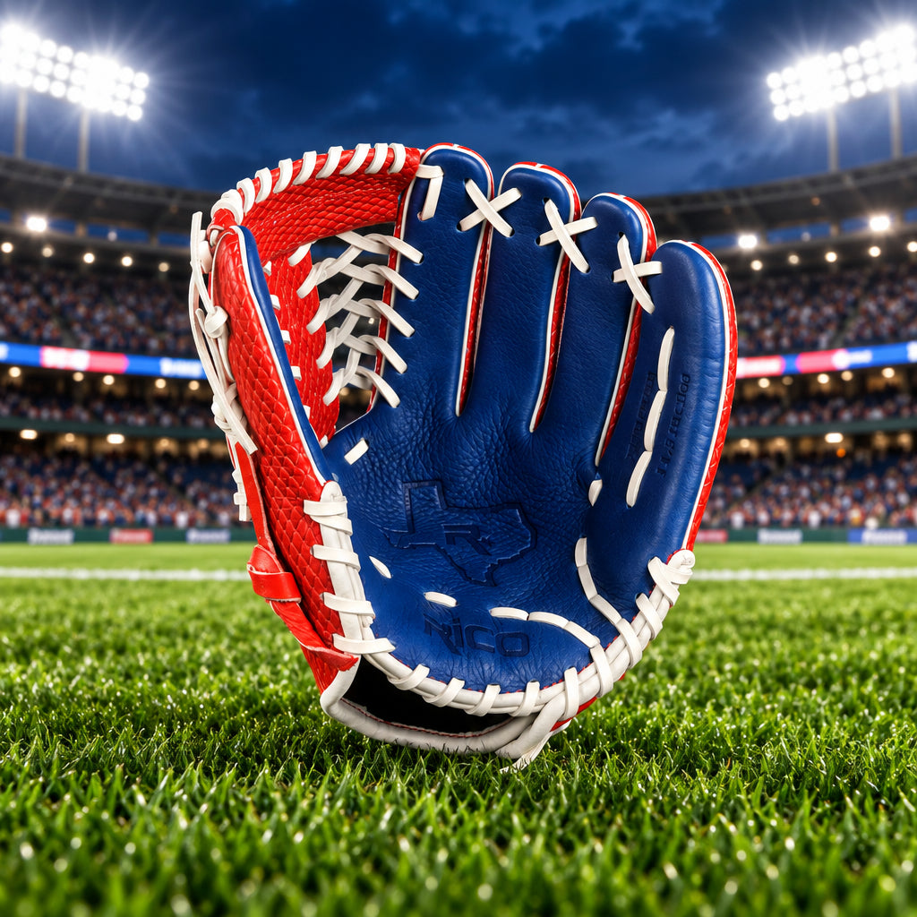 11.50 inch youth Prime Series (9-11 year old) with name on thumb, right hand thrower, red, white, blue with Texas flag on thumb.